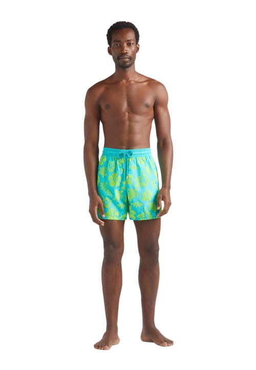 Vilebrequin Ultra-light And Packable Flocked Swim Shorts Tropical Turtle In Blue