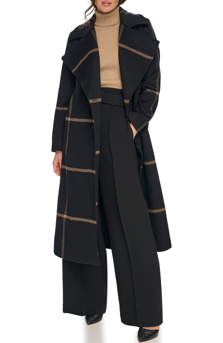 DKNY Windowpane Plaid Tie Waist Wool Blend Coat, Alternate, color, 