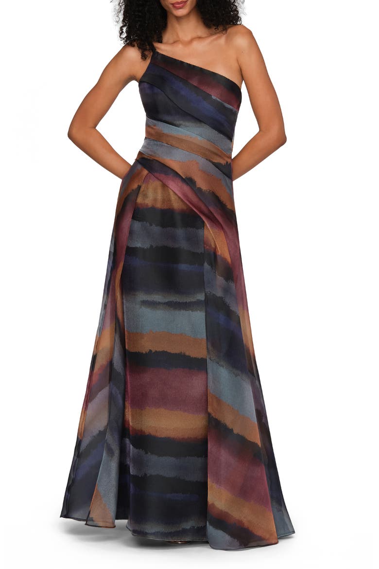 Daniela Ombré Stripe One-Shoulder Organza Gown, Main, color, ICEBERG MULTI