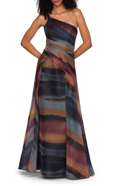 Daniela Ombré Stripe One-Shoulder Organza Gown