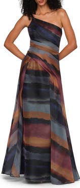 Kay Unger Daniela Ombré Stripe One-Shoulder Organza Gown