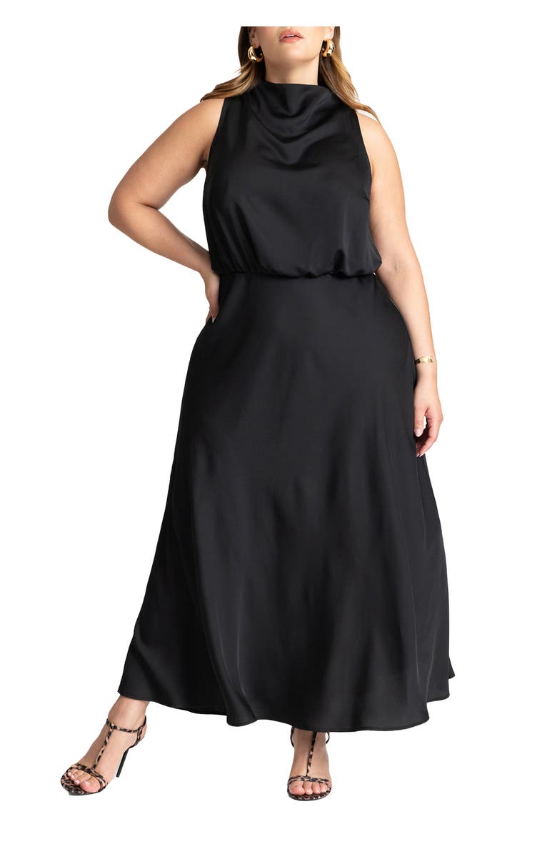 ELOQUII Draped Satin Maxi Dress, Main, color, Black Onyx
