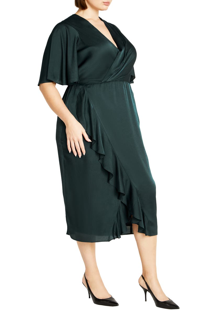 City Chic Soft Ruffle Faux Wrap Midi Dress, Alternate, color, Emerald
