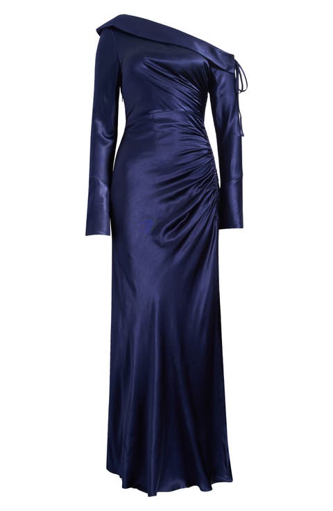La Lune One-Shoulder Long Sleeve Satin Gown