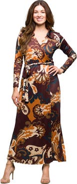 24seven Comfort Apparel Paisley Belt Waist Maxi Dress