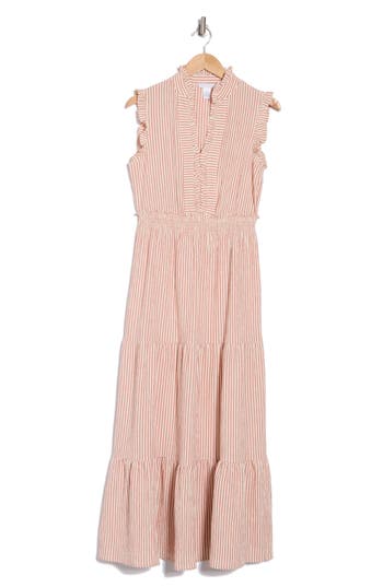 London Times Stripe Ruffle Tiered Maxi Dress In Rose Pink/ivory