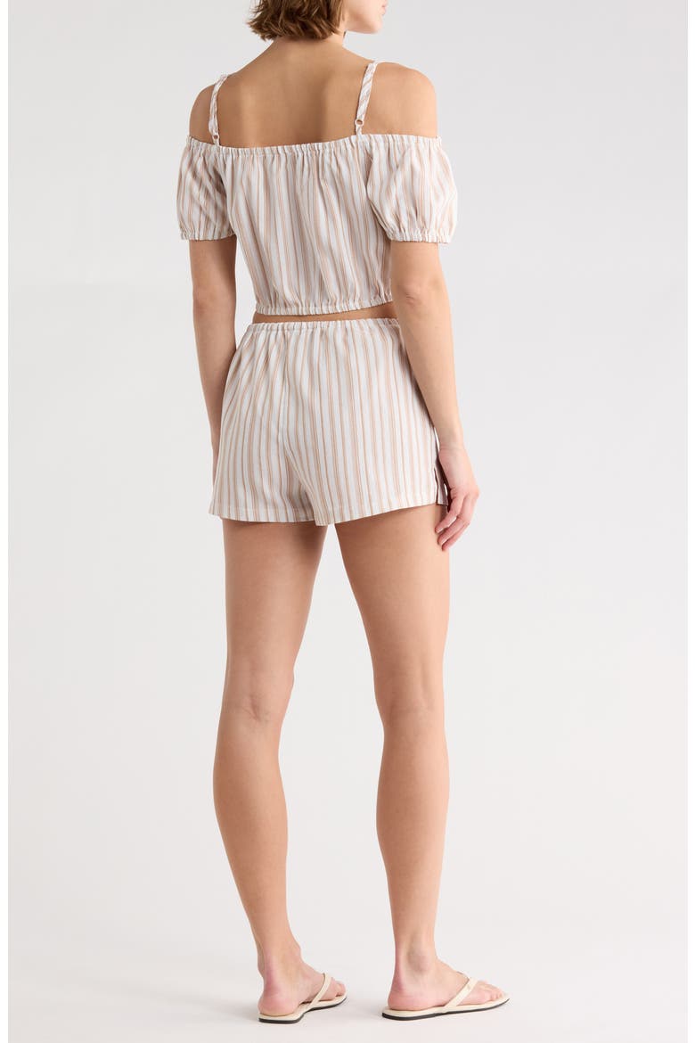Stripe Puff Sleeve Cold Shoulder Crop Top & Shorts Set, Alternate, color, TAUPE IVORY