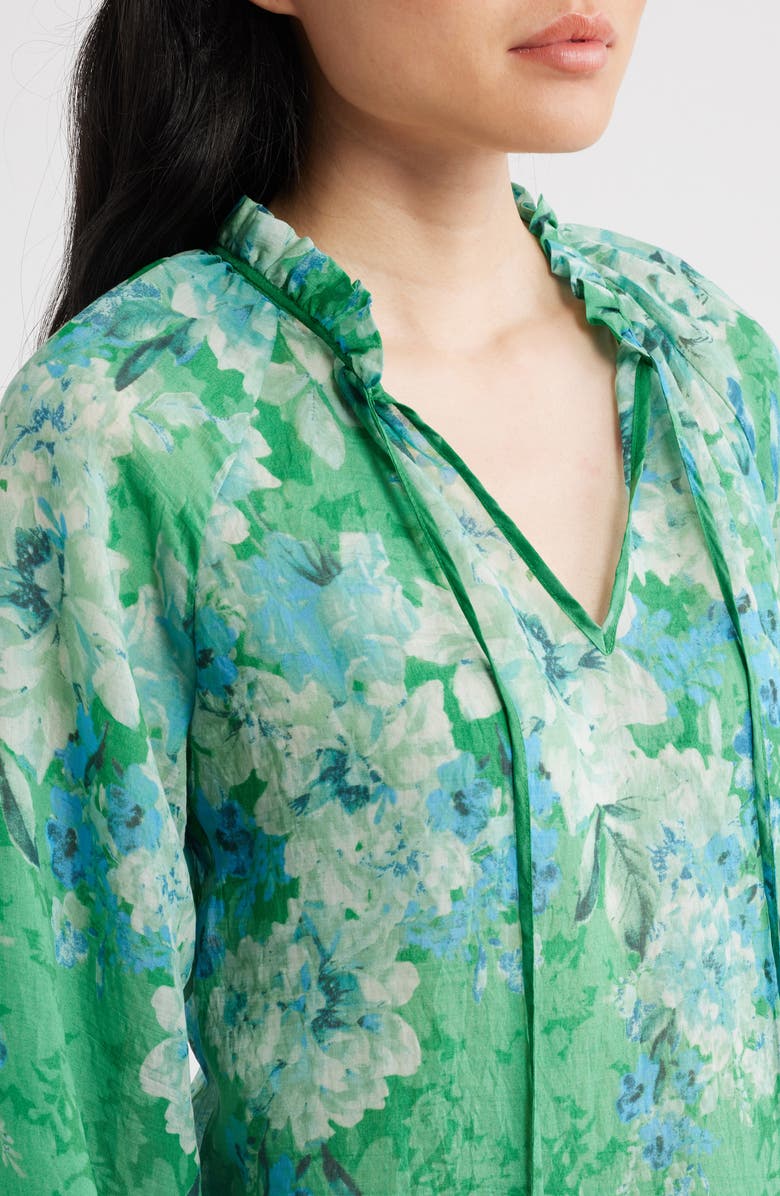 Tahari ASL Floral Ruffle Balloon Sleeve Chiffon Top, Alternate, color, Green Blue
