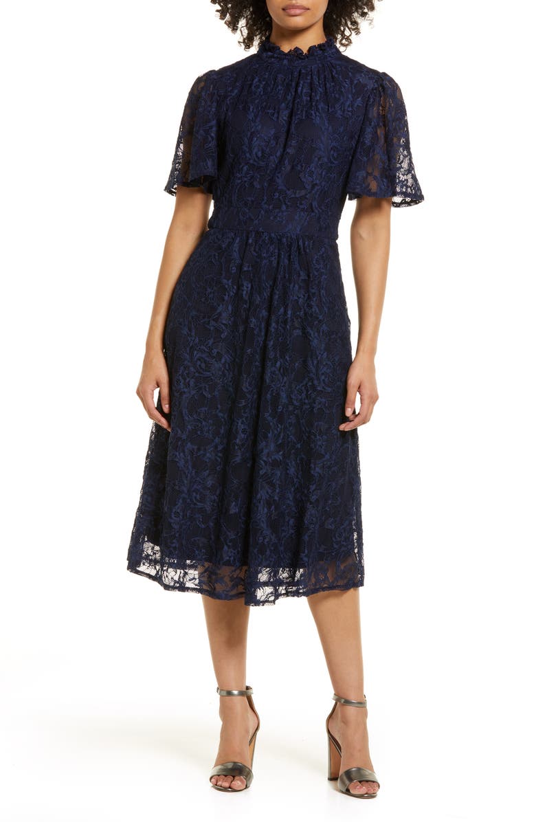 Julia Jordan Flutter Sleeve Lace Mock Neck Midi Dress, Main, color, Navy
