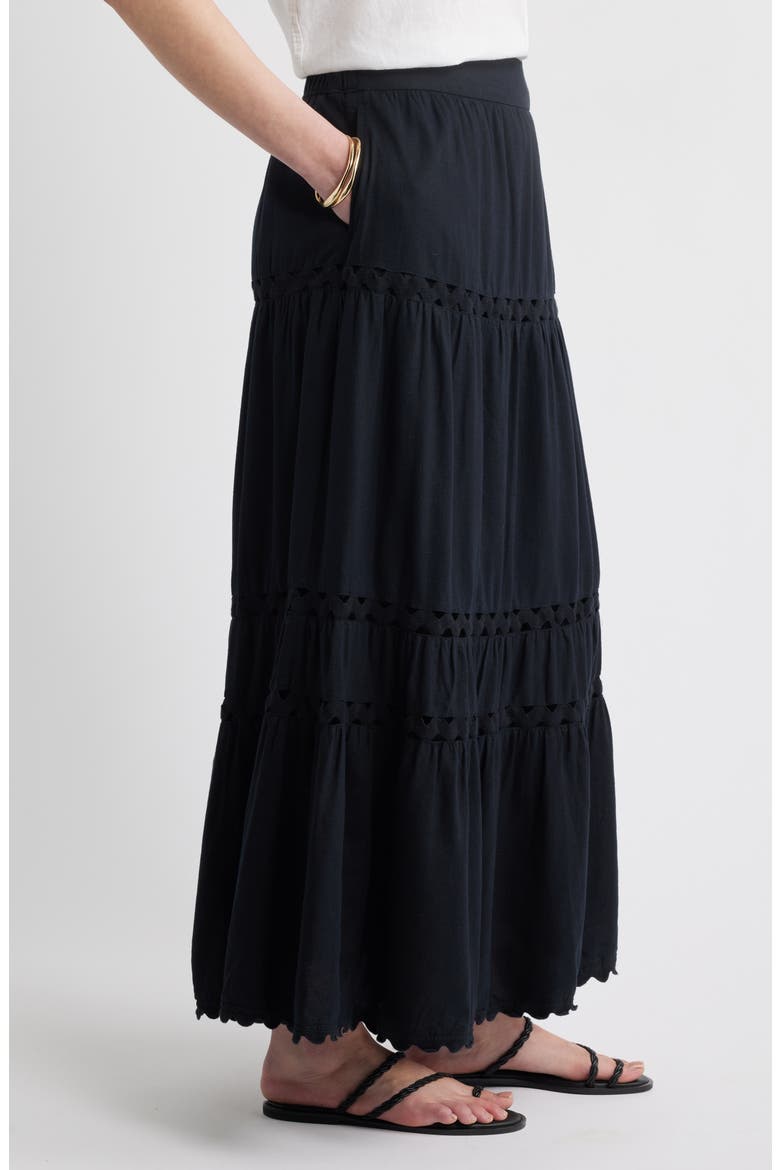 Rickrack Trim Linen Blend Tiered Maxi Skirt, Alternate, color, BLACK