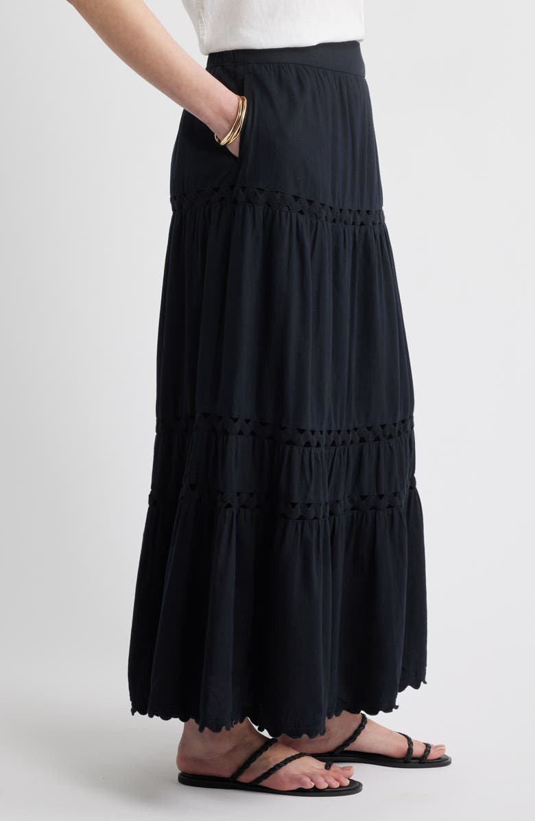 Caslon<sup>®</sup> Rickrack Trim Linen Blend Tiered Maxi Skirt, Alternate, color, Black