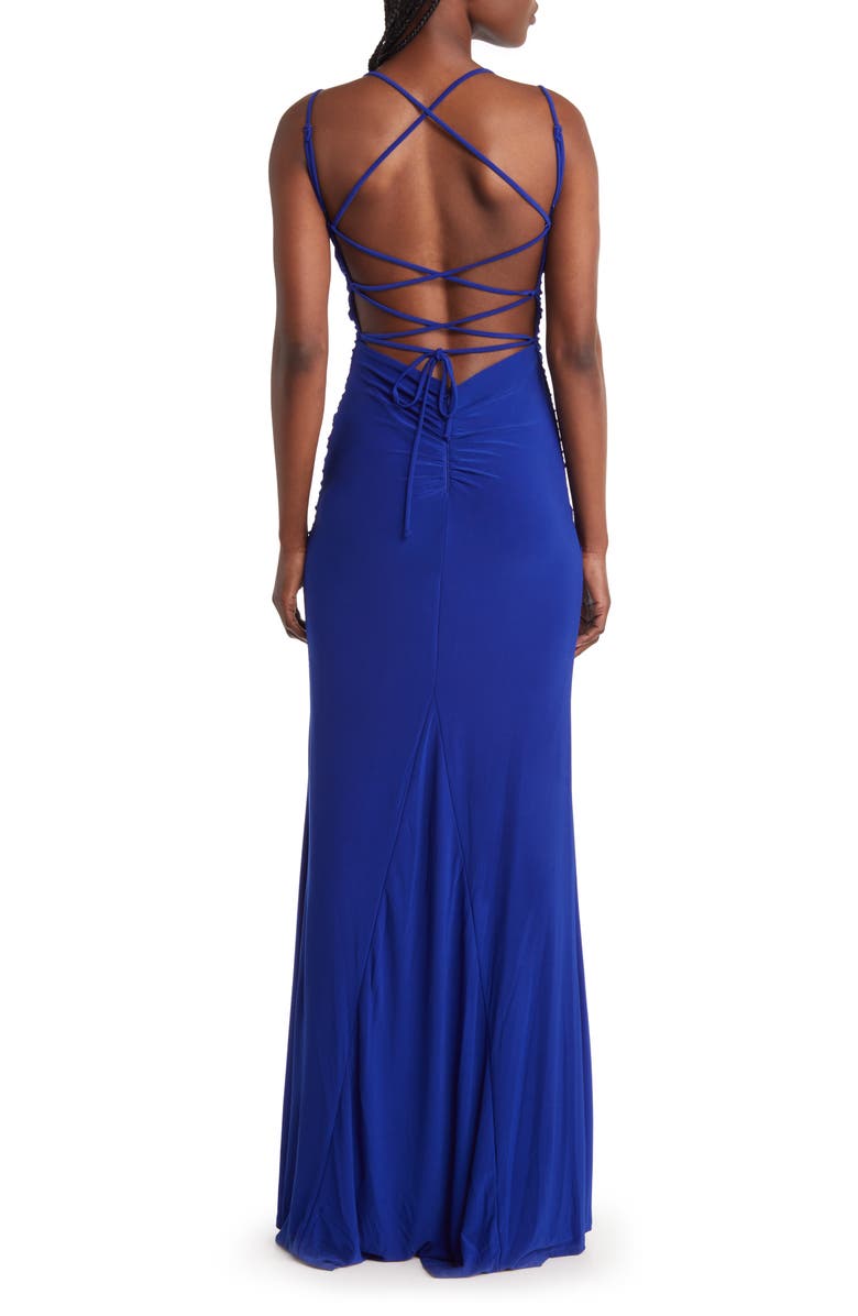 Jump Apparel Ruched Lace-Up Jersey Column Gown, Alternate, color, 