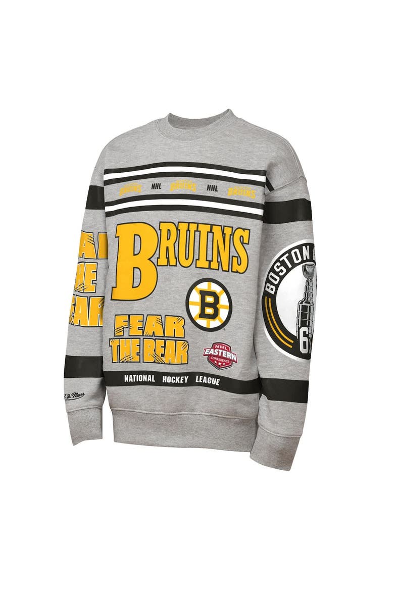 Youth Mitchell & Ness Heather Gray Boston Bruins Allover Print Fleece Crewneck Sweatshirt, Alternate, color, Heather Gray