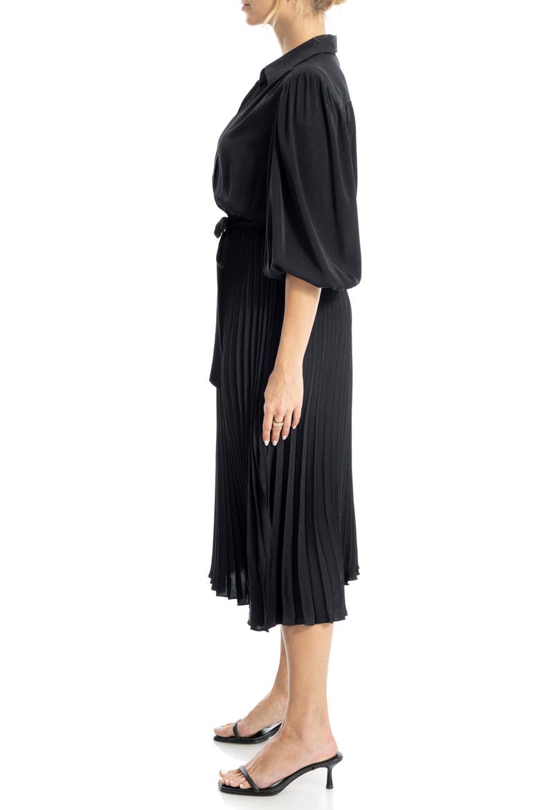 Three-Quarter Sleeve Satin Midi Shirtdress, Alternate, color, BLACK