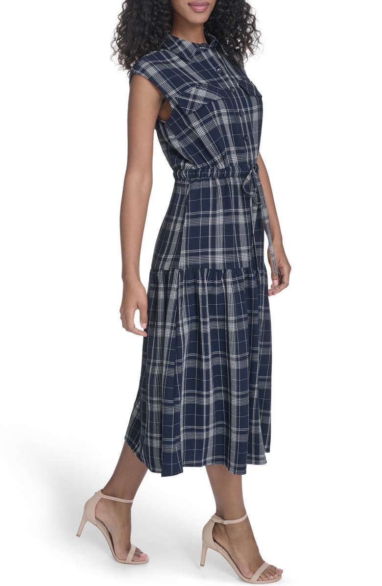 Calvin Klein Plaid Sleeveless Tiered Midi Dress, Alternate, color, Indigo/ White