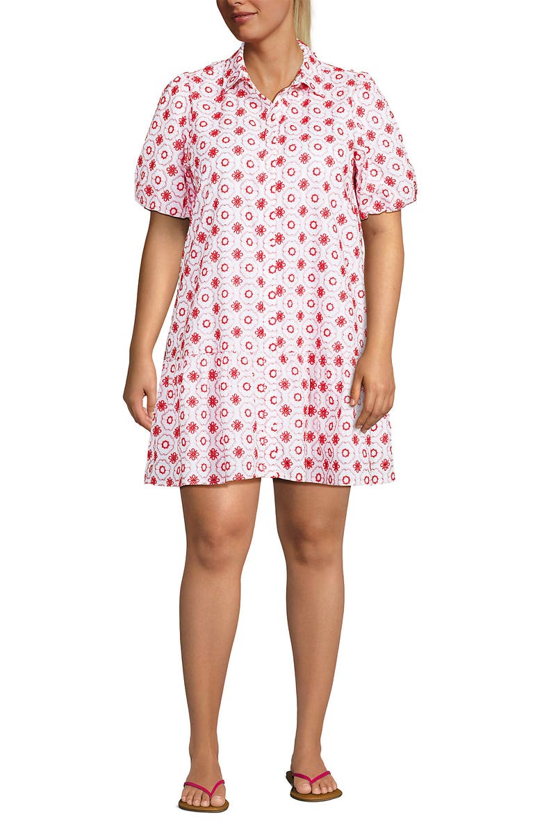 Lands' End Elbow Sleeve Eyelet Knee Length Shirt Dress, Main, color, White/Poppy Mosaic Eyelet