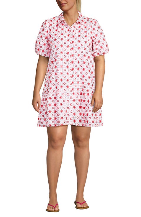 Plus Size Elbow Sleeve Eyelet Knee Length Shirt Dress