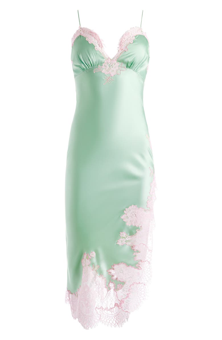 Alice + Olivia Kerr Lace Trim Asymmetric Hem Midi Slipdress, Alternate, color, 