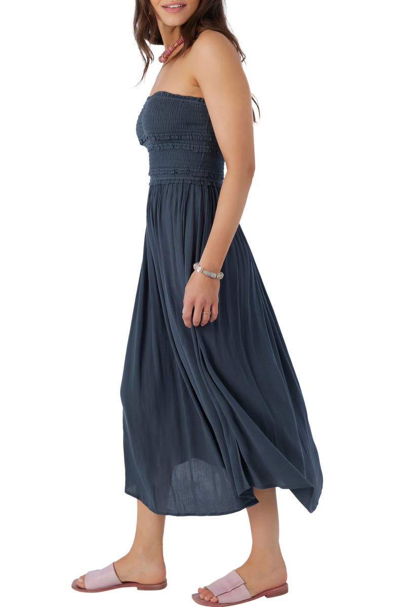 O'Neill Devyn Smocked Strapless Midi Dress, Alternate, color,