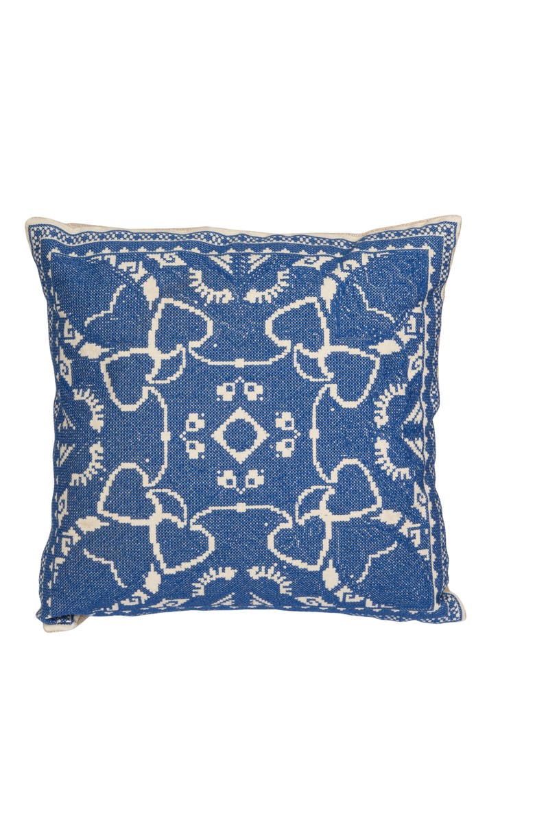 Storied Home Cotton Pillow with Embroidered Design and Chambray Back, Blue and Natural, Main, color, Blue