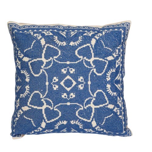 Storied Home Cotton Pillow With Embroidered Design And Chambray Back, Blue And Natural