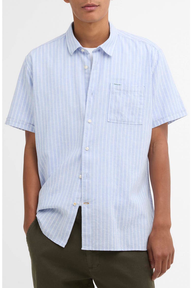 Nelson Stripe Short Sleeve Linen & Cotton Button-Up Shirt, Main, color, BLUE