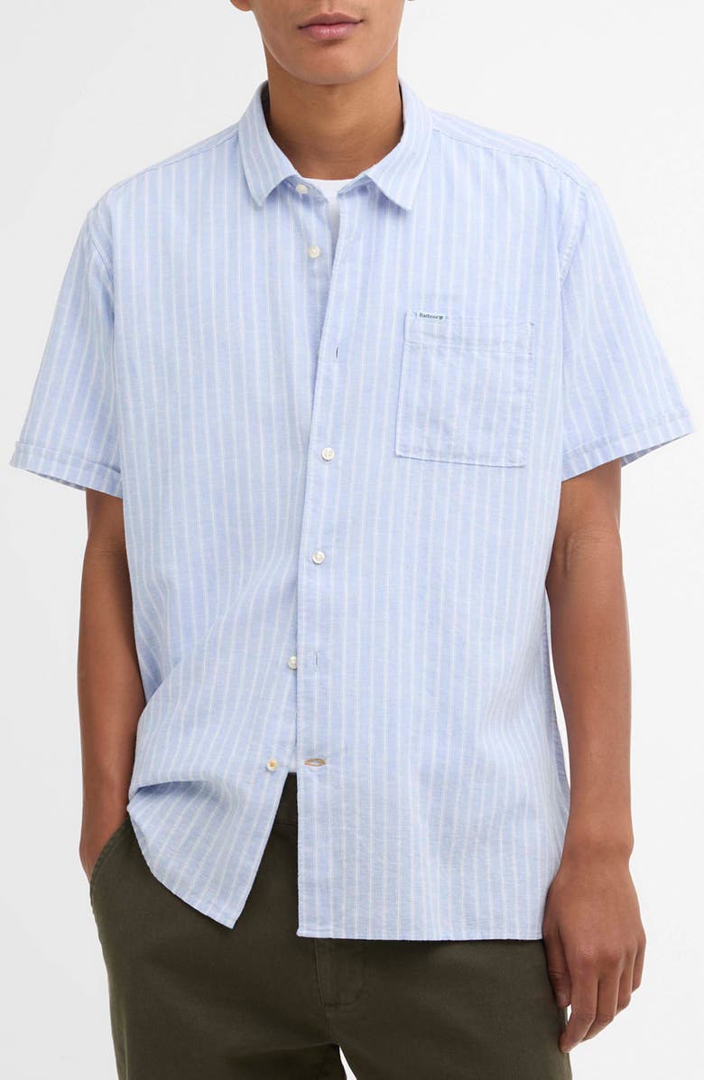 Barbour Nelson Stripe Short Sleeve Linen & Cotton Button-Up Shirt, Main, color, Blue