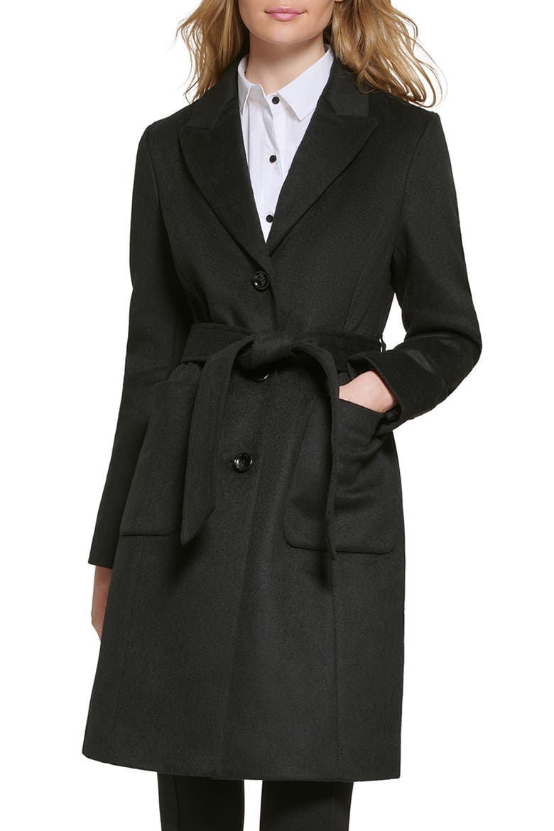 Belted Wool Blend Patch Pocket Coat, Main, color, BLACK