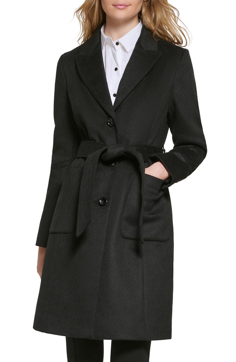 KARL LAGERFELD PARIS Belted Wool Blend Patch Pocket Coat, Main, color,