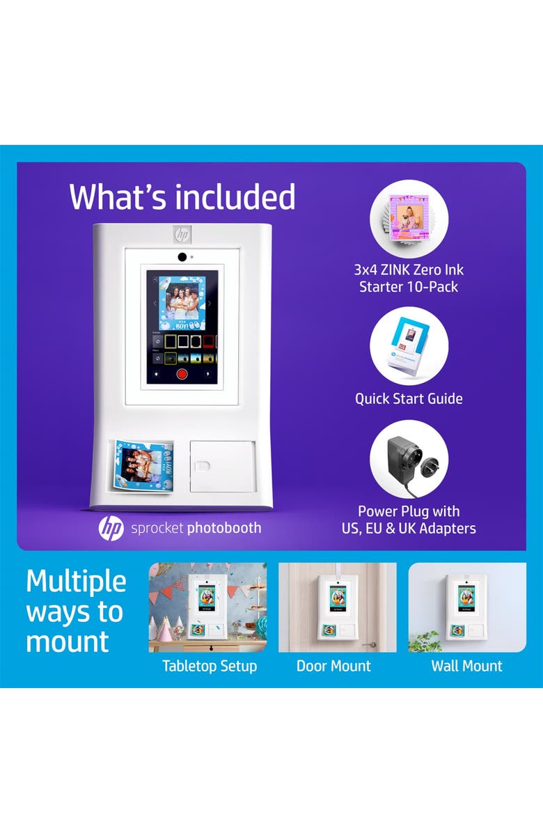 HP Sprocket Photo Booth Printer, Portable 3x4 Instant Photo Printer, Alternate, color, White