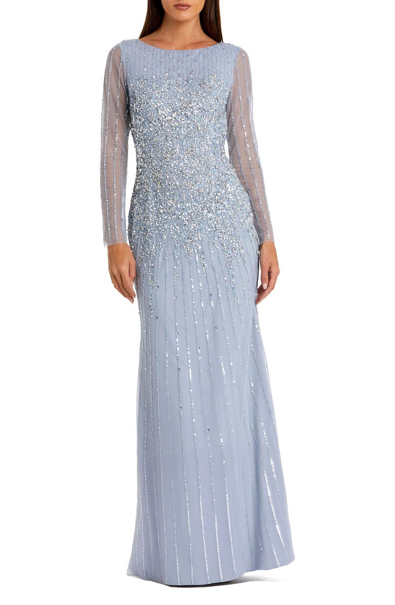 Mac Duggal High Neck Sequin Embellished Long Sleeve A Line Gown, Main, color, Powder Blue