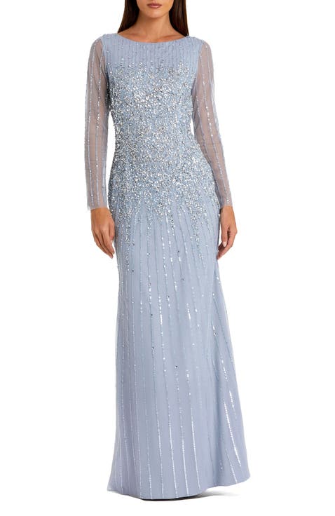 High Neck Sequin Embellished Long Sleeve A Line Gown