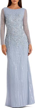 Mac Duggal High Neck Sequin Embellished Long Sleeve A Line Gown