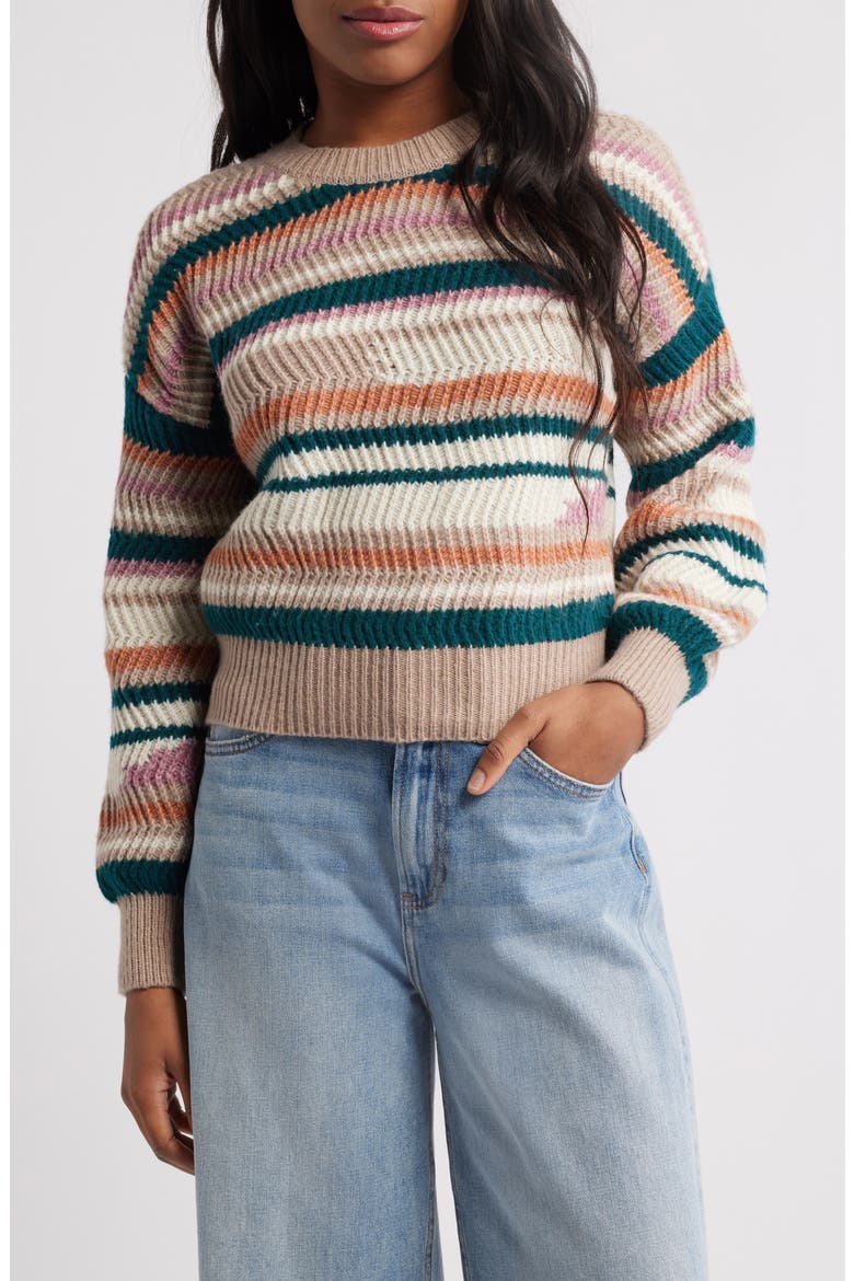 Stripe Balloon Sleeve Crewneck Sweater, Main, color, TAUPE COMBO