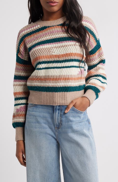 Stripe Balloon Sleeve Crewneck Sweater