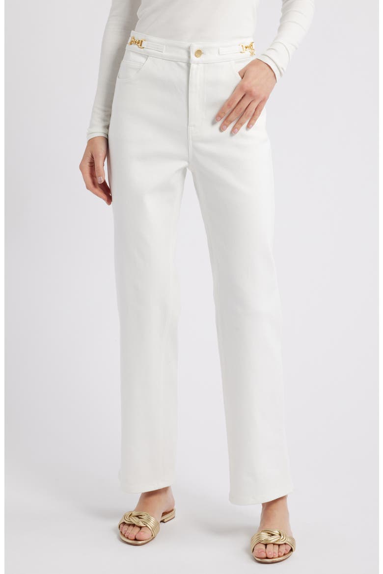 June Goldtone Trim Denim Jeans, Main, color, WHITE