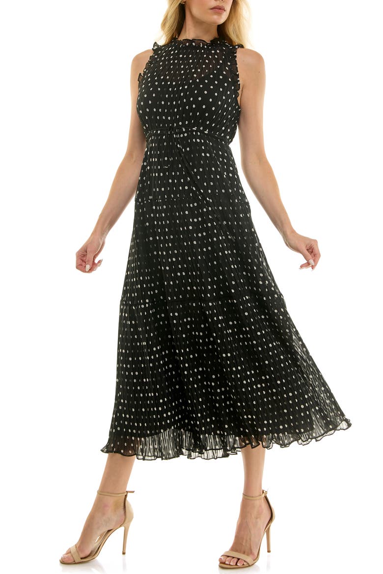 Polka Dot Sleeveless Pleated Chiffon Dress, Alternate, color, BLACK/ WHITE DOT