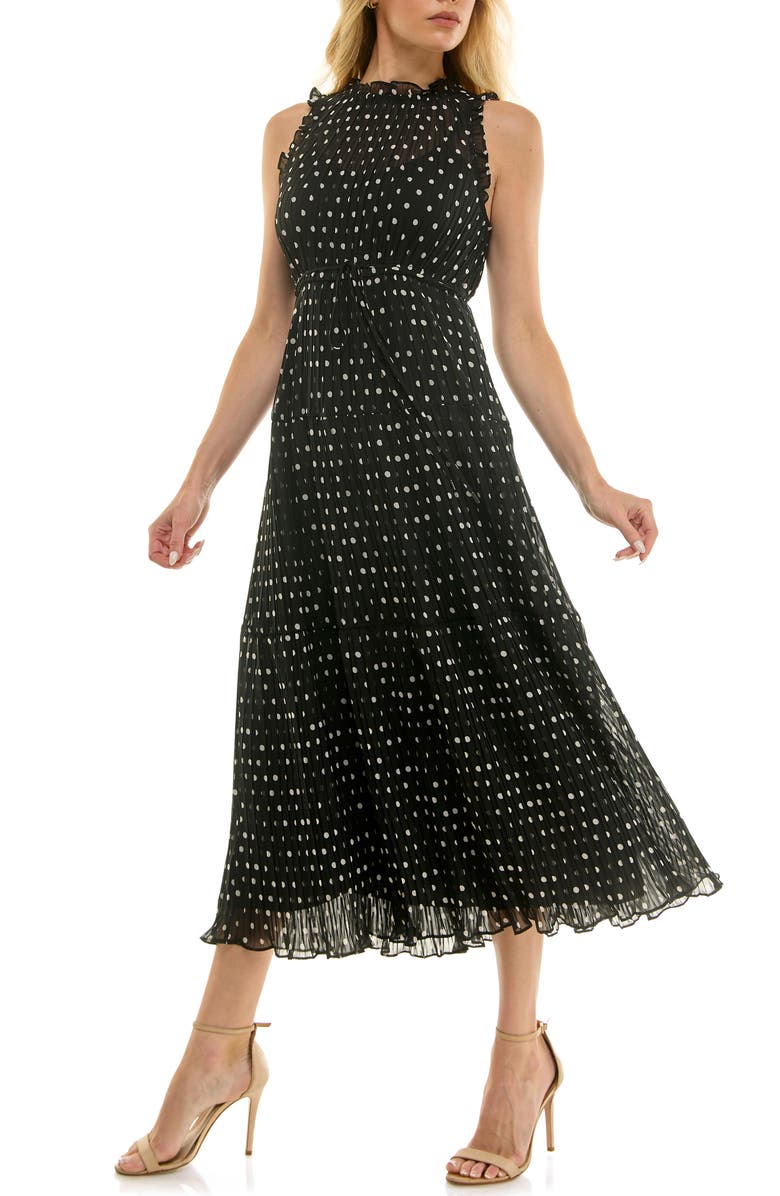 Socialite Polka Dot Sleeveless Pleated Chiffon Dress, Alternate, color, Black/ White Dot