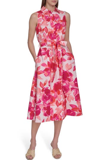 CALVIN KLEIN CALVIN KLEIN FLORAL SLEEVELESS COTTON SHIRTDRESS 