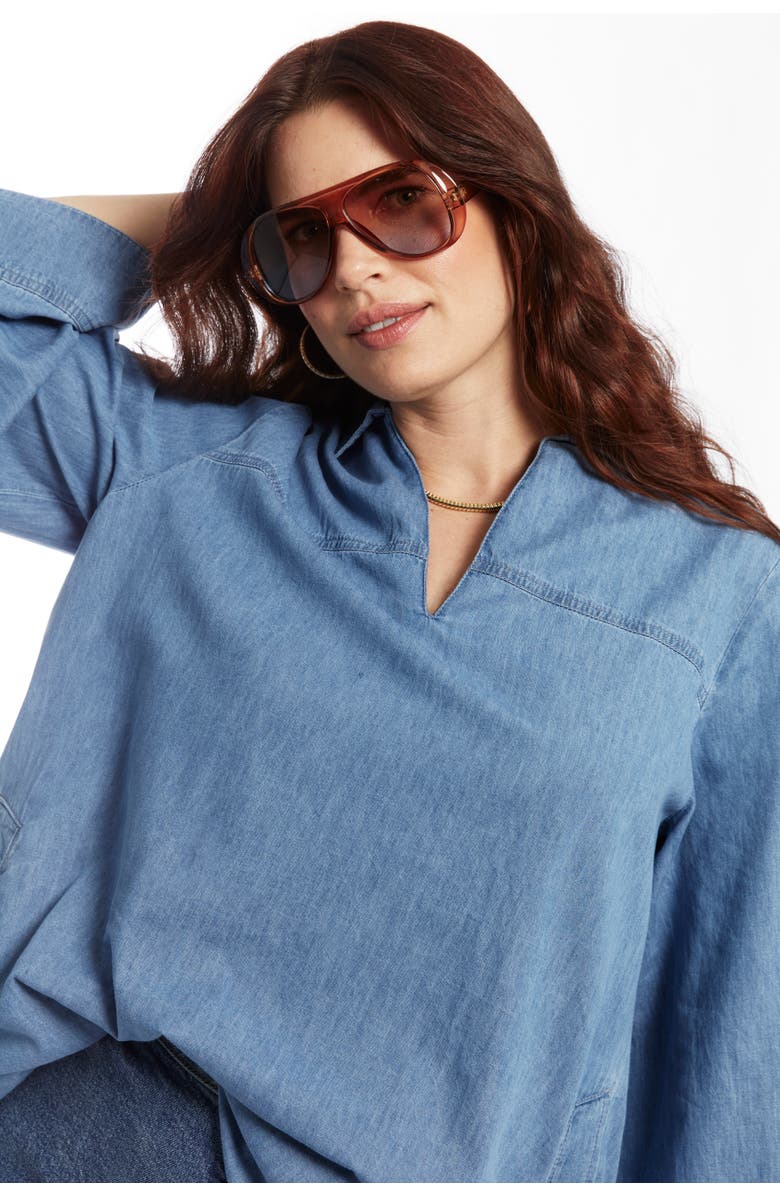 June + Vie Cotton Denim Blouse, Alternate, color, Light Wash
