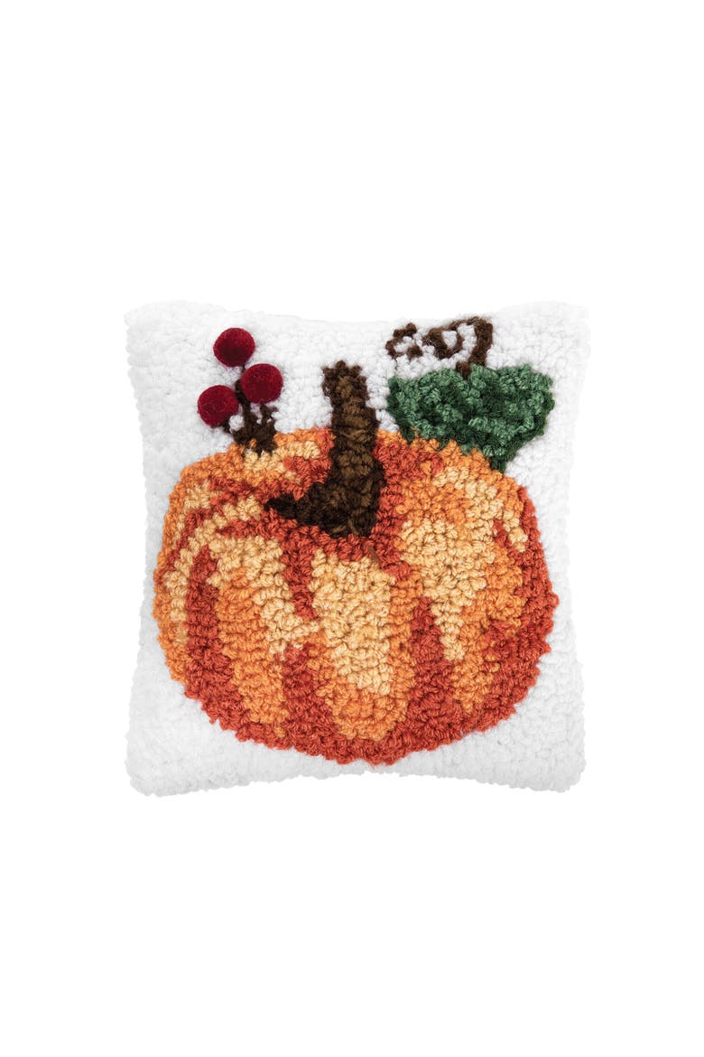Pumpkin Leaf Hooked Fall Mini Accent Pillow 8" x 8", Main, color, Orange