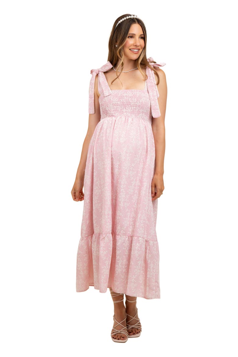 Floral Smocked Shoulder Tie Midi Dress, Alternate, color, Pink