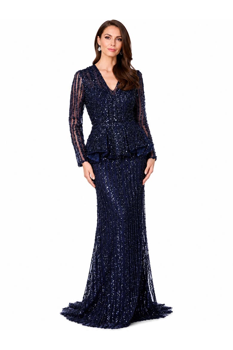 Long Sleeve Beaded Peplum Dress, Main, color, Navy