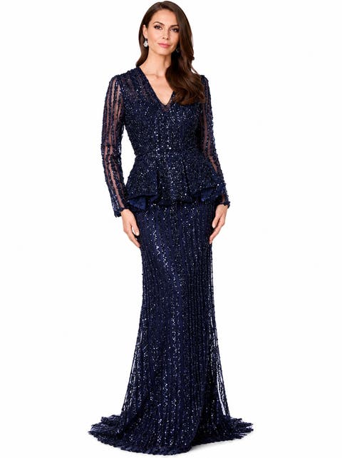 Long Sleeve Beaded Peplum Dress