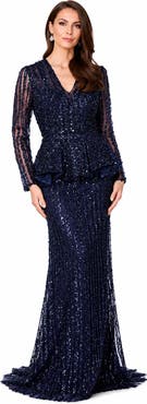 LARA New York Long Sleeve Beaded Peplum Dress