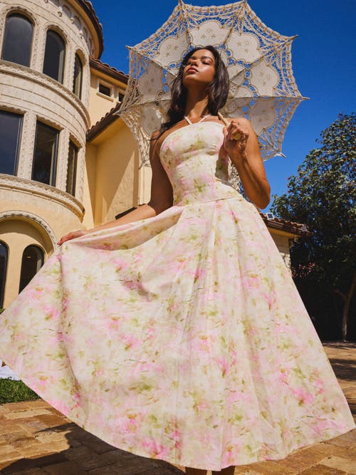 Miss Circle Women Zaina Yellow Pink Floral Print Lace Trim Linen Midi Dress In Brown
