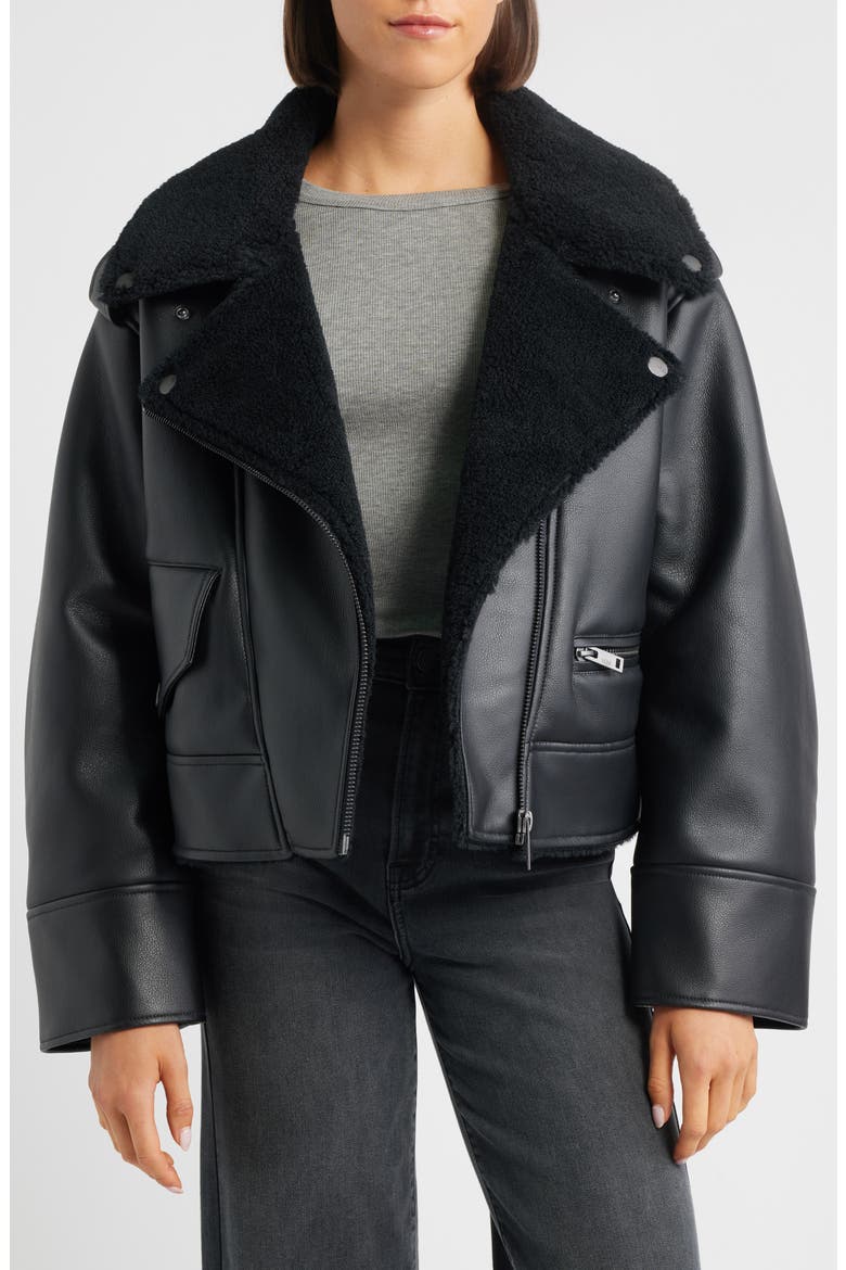 Finnian Oversize Faux Leather & LuxeFluff Moto Jacket, Alternate, color, BLACK