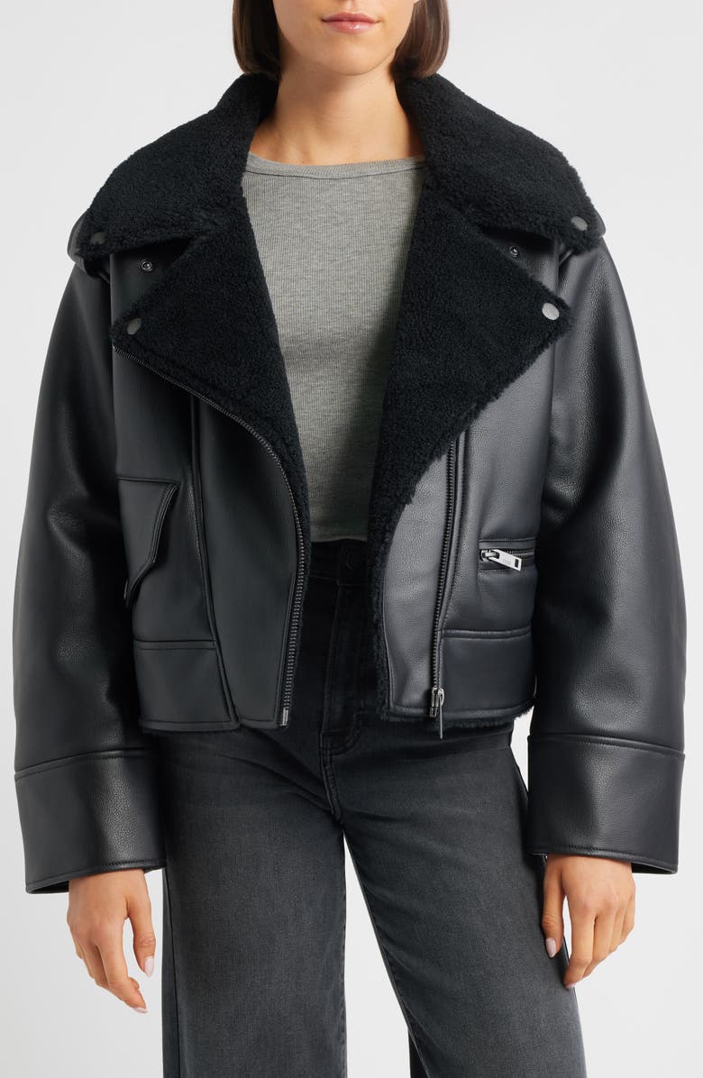 UGG<sup>®</sup> Finnian Oversize Faux Leather & LuxeFluff Moto Jacket, Alternate, color, Black