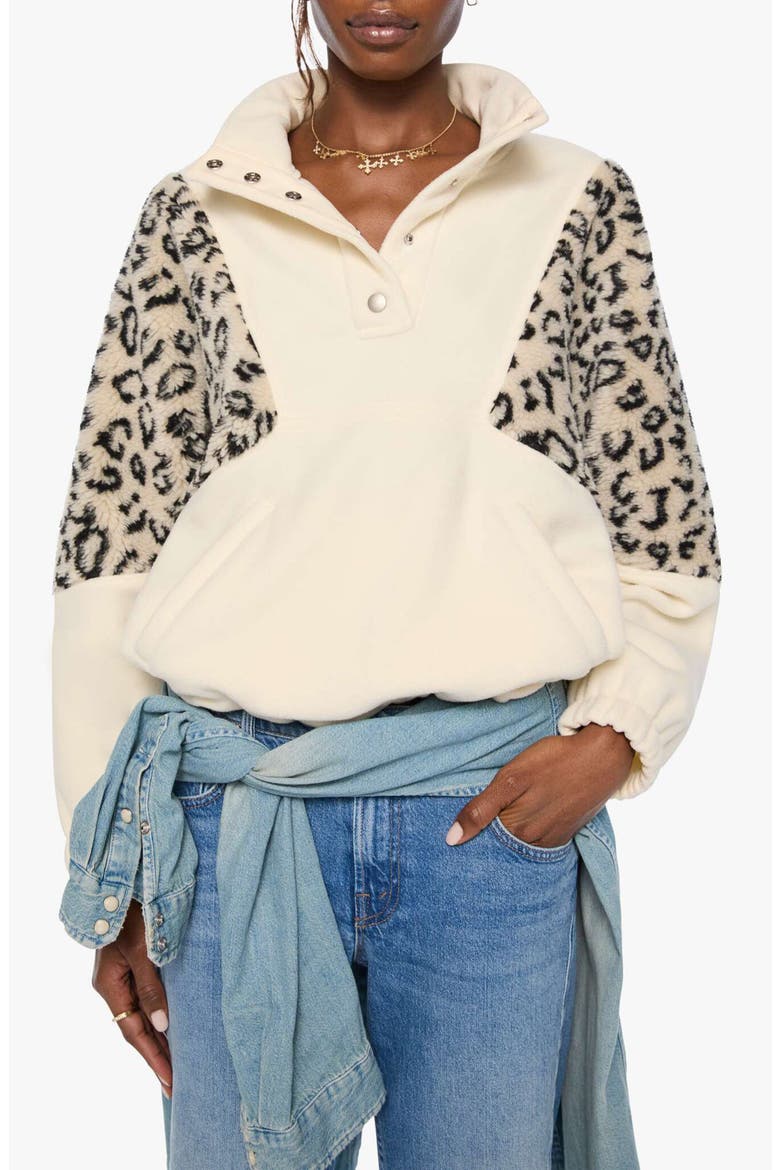 The Funnel Neck Drop Inset Leopard Print Fleece Sweatshirt, Main, color, CREAM AND WHITE