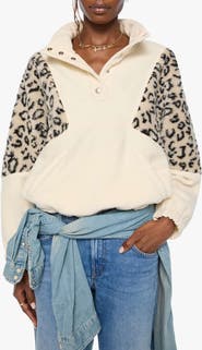 MOTHER The Funnel Neck Drop Inset Leopard Print Fleece Sweatshirt
